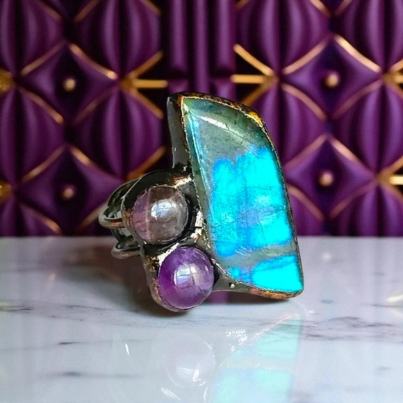 🆕️Boho Chic Labradorite & Amethyst Adjustable Copper Ring Rustic Vintage Style - Picture 8 of 16